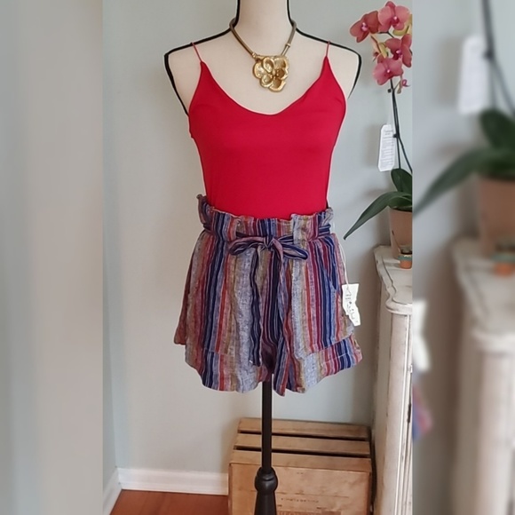 Linen Blend High Waisted Striped Paper Bag Shorts - Picture 5 of 8